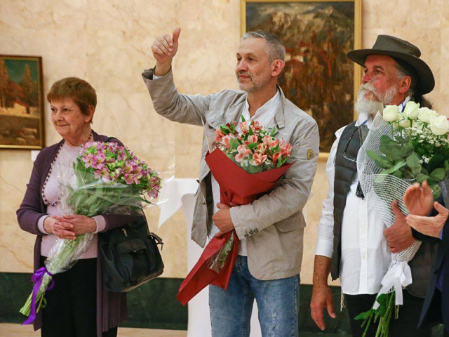 Марина Генкина (куратор выставки), Алексей Дмитриев и Шмуэль Шелест