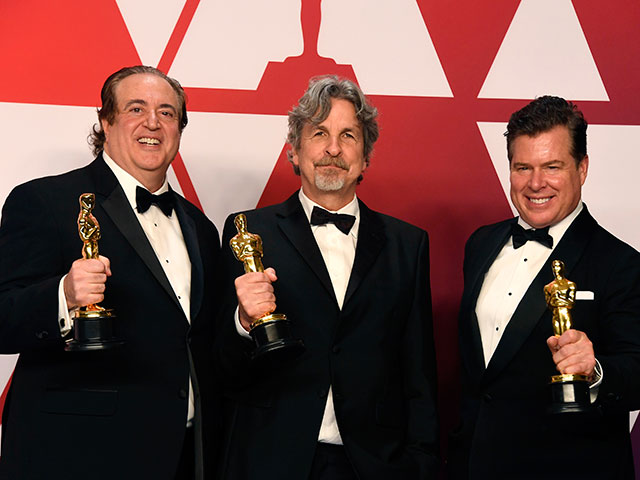 Ник Валлелонга,  Питер Фаррелли и Брайан Карри на вручении "Оскара". 24 февраля 2019 года