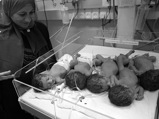 "1946. Тель-авивская газета "А-Эрев" публикует сообщение о рождении "первой пятерни" в Палестине". На фото: пятерня, родившаяся в Газе в 2007-м году    