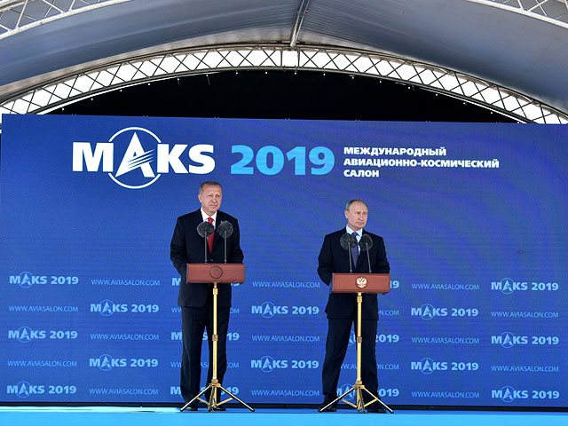 Реджеп Тайип Эрдоган и Владимир Путин на авиасалоне МАКС в Москве, 27 августа 2019 года