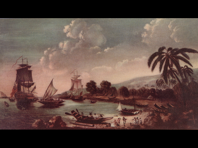 Джеймс Кук, прибывающий в Новую Зеландию 10 февраля 1775 года. Работа  Дж. Кливли
