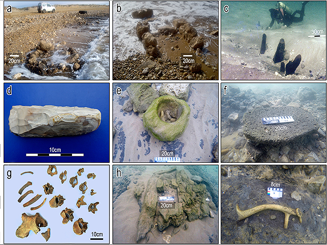 (а,b) каменные элементы на мелководье; (с) деревянные столбики, вырытые на морском дне; (d) двустворчатый кремень; (e) каменная чаша из песчаника; (f) базальтовый камень; (g) захоронение; (h) предполагаемая каменная могила; (i) рога месопотамских ланей