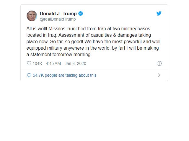 "Все в порядке!" Трамп опубликовал первый комментарий по поводу удара Ирана по американским базам в Ираке
