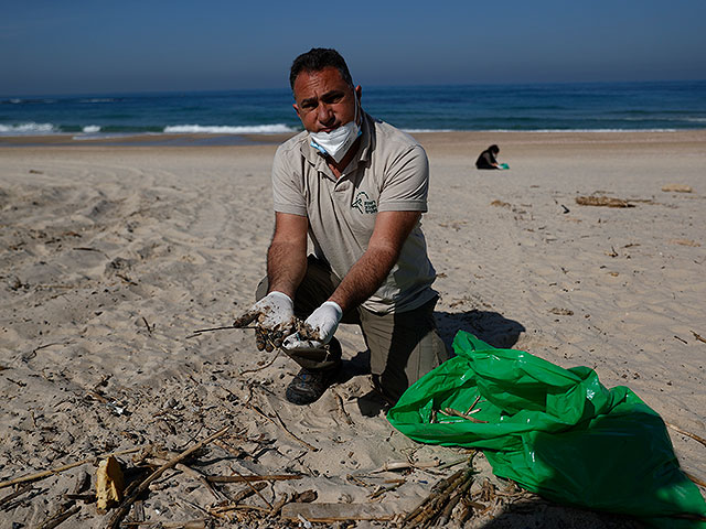 Военные и добровольцы очищают пляжи Израиля от мазута. Фоторепортаж