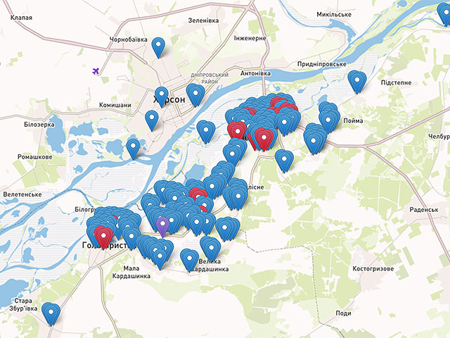 Карта с запросами на эвакуацию на левобережье Днепра