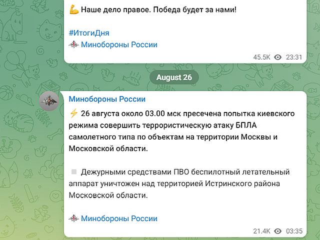 Минобороны РФ: украинский дрон был сбит в Подмосковье