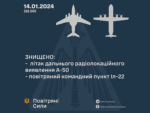 Командующий вооруженными силами Украины Валерий Залужный подтвердил, что ВВС ВСУ уничтожили самолет дальнего радиолокационного обнаружения А-50 и воздушный пункт управления Ил-22. 