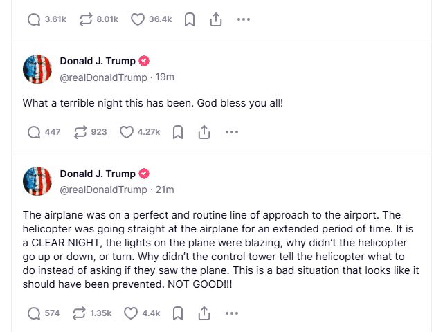 Трамп прокомментировал авиакатастрофу над Вашингтоном
