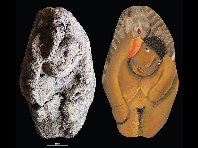 12 000-летняя натуфийская глиняная фигурки из ущелья Эйн-Гев II, изображающая женщину с гусем и ее реконструкция