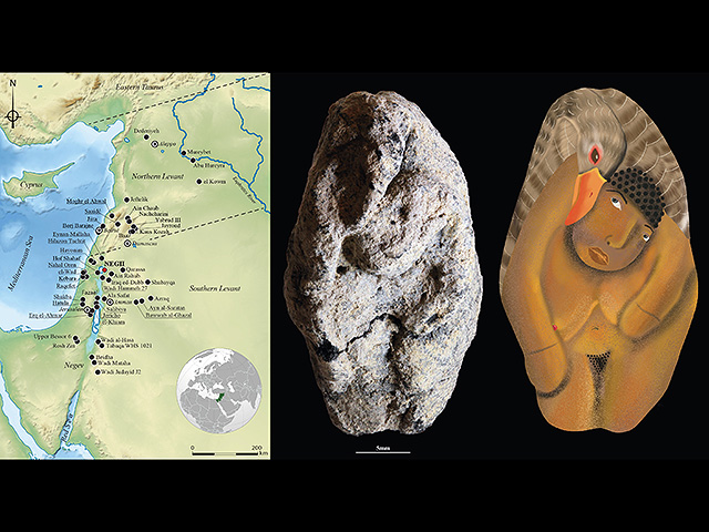 Слева: Карта Леванта, показывающая расположение ущелья Эйн-Гев II (NEGII) среди натуфийских памятников, Справа: 12 000-летняя натуфийская глиняная фигурка 