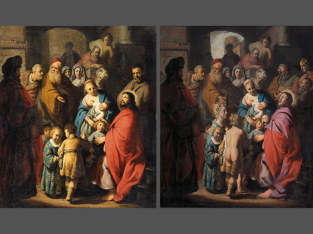Картина Рембрандта "Let the Little Children Come Unto Me" до и после реставрации