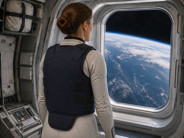 Защита от солнечного шторма: жилет AstroRad снижает уровень радиации для участников лунных миссий (иллюстрация)
