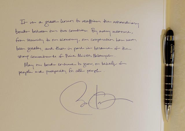 Запись, сделанная рукой президента Обамы в гостевой книге премьер-министра Нетаниягу