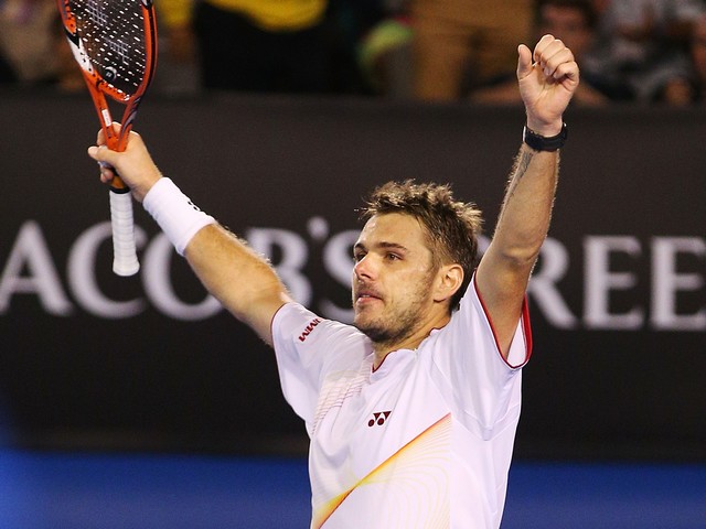 В четвертьфинальном матче Australian Open Станислав Вавринка одержал победу над Новаком Джоковичем, 21 января 2013 г.