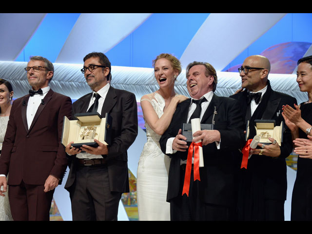 Ламбер Вильсон, Нури Бильге Джейлан, Ума Турман, Тимоти Сполл и Брюс Вагнер на церемонии награждения лауреатов 67-го Международного кинофестиваля 24 мая 2014 года