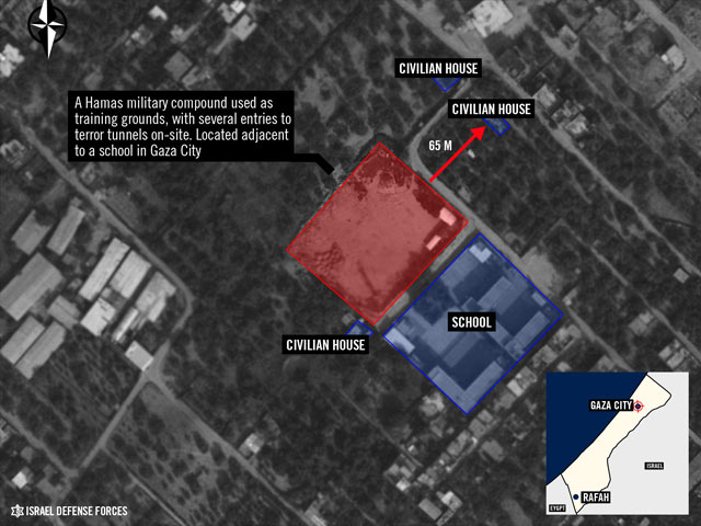 В центре города Газа тренировочная база боевиков ХАМАС и вход в туннель, который боевики использовали как укрытие, были расположены в непосредственной близости от школы