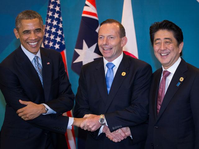 Барак Обама, Тони Эббот и Синдзо Абэ на саммите G20. Брисбен, 16 ноября 2014 года