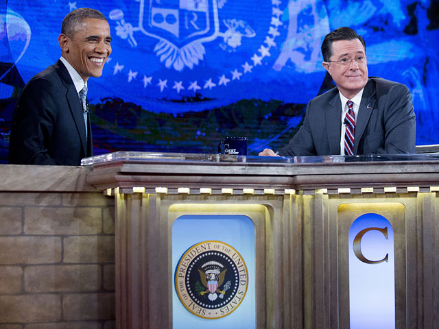 Барак Обама и Стивен Кольбер в программе "Отчет Кольбера". 8 декабря 2014 года
