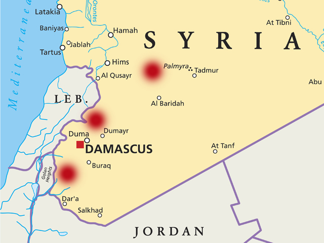 На карте Сирии отмечены места нанесения воздушных ударов 17 и 19 марта 2017 года  