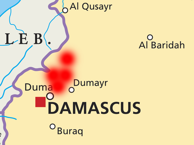 Удары наносились по четырем целям к северу от Дамаска, недалеко от границы с Ливаном: в горном массиве Каламун, в районе Джаруд аль-Мара, а также около населенного пункта Флита