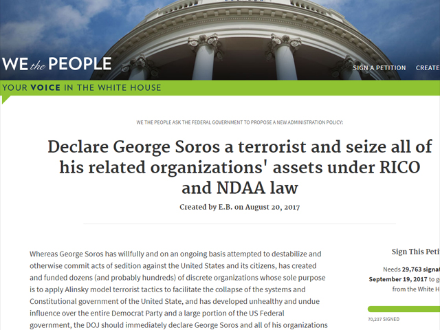 Петиция против Сороса на сайте Белого дома