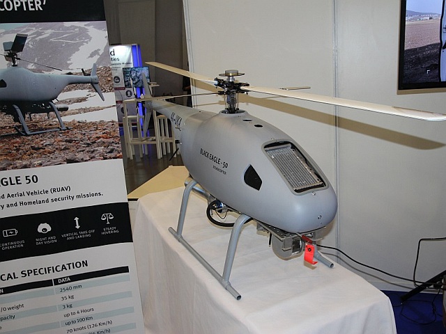 БЛА вертолетного типа Black Eagle 50 был представлен на стенде компании Steadicopter. По информации компании, предлагаемый комплекс представляет собой роботизированную систему воздушного наблюдения, которая может применяться в задачах гражданского, военно