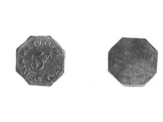 Металлическа бона номиналом 5 мексиканских сентаво, выпущенная еврейским торговцем с острова Тортуга Давидом Фонсекой для хождения на острове Сент-Томас  