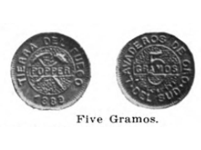 5 грамос 1889, золото, Терра дель Фуэго (Огненная земля), Юлиус Поппер  