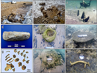 (а,b) каменные элементы на мелководье; (с) деревянные столбики, вырытые на морском дне; (d) двустворчатый кремень; (e) каменная чаша из песчаника; (f) базальтовый камень; (g) захоронение; (h) предполагаемая каменная могила; (i) рога месопотамских ланей