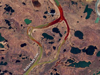 Разлив нефтепродуктов на Норильской ТЭЦ-3 в реку Амбарная, вид из космоса