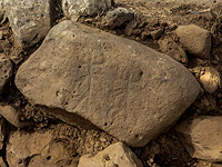 В ходе раскопок был найден крупный камень, украшенный изображением двух человеческих фигур с рогами и вытянутыми руками