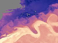 Перенос теплой воды в Атлантике: синие области имеют температуру -1°C,  светлые области достигают 23°C.