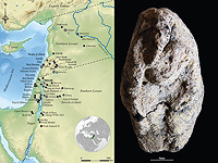Слева: Карта Леванта, показывающая расположение ущелья Эйн-Гев II (NEGII) среди натуфийских памятников, Справа: 12 000-летняя натуфийская глиняная фигурка 