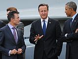 Генсек NATO Андерс Фог Расмуссен, премьер-министр Великобритании Дэвид Кэмерон и президент США Барак Обама. Ньюпорт, 05.09.2014