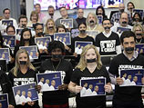 Сотрудники Al Jazeera America во время акции "Журнализм &#8211; не преступление"