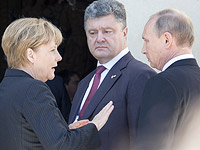 Ангела Меркель, Петр Порошенко и Владимир Путин (июнь 2014)