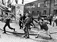 Фотография Дануты Даниэльссон, избивающей скинхедов дамской сумочкой, сделанная Хансом Рунессоном, обошла в 1985 году все ведущие издания мира.