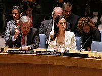 Анджелина Джоли на заседании Совета Безопасности ООН по вопросу о положении на Ближнем Востоке. 24 апреля 2015 года