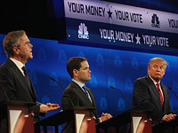 Джеб Буш, Марко Рубио и Дональд Трамп на дебатах в Университете Колорадо. 28 октября 2015 года