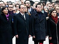 Мэр Парижа Энн Идальго, президент Франции Франсуа Олланд, премьер-министр Мануэль Вальс, депутат Парижа Сандрин Мазетье во время церемонии памяти жертв терактов. Париж, 10 января 2016 года