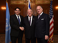 Израильский посол в ООН Дани Данон, президент Израиля Реувен Ривлин и президент Всемирного еврейского конгресса Рональд С. Лаудер